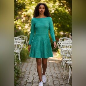SHEIN Teal Wave-Textured Long-Sleeve Fit & Flare Dress